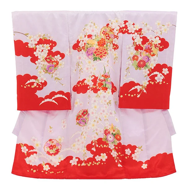 女児産着 お宮参りレンタル2974【正絹】 紫地裾赤 雲取り雪輪に