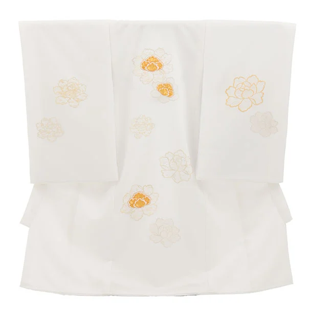 女児産着 お宮参りレンタル2975 白地 金コマ 牡丹