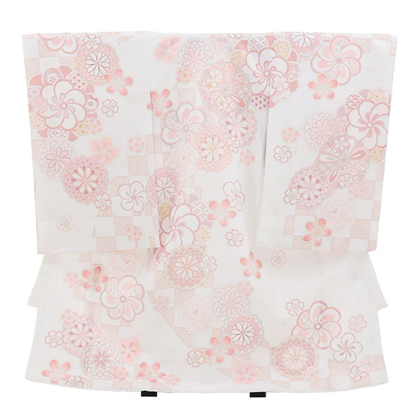 女児産着 お宮参りレンタル2976 白地 ピンク梅 菊牡丹