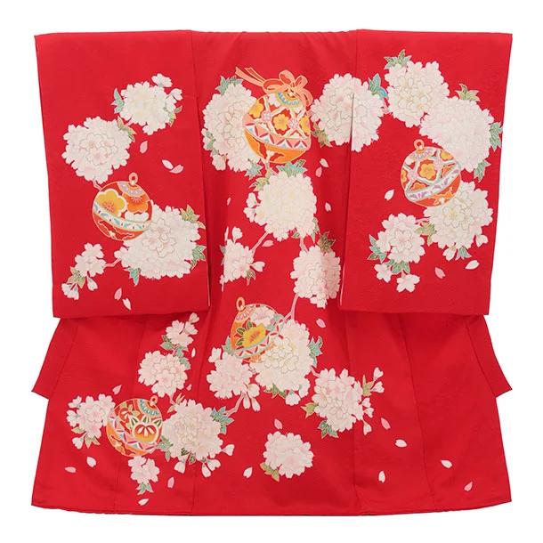 女児産着 お宮参りレンタル2978【正絹】 赤地 鈴に桜薬玉