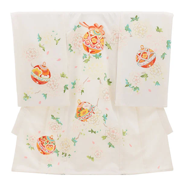 女児産着 お宮参りレンタル2979【正絹】 白地 鈴に桜薬玉