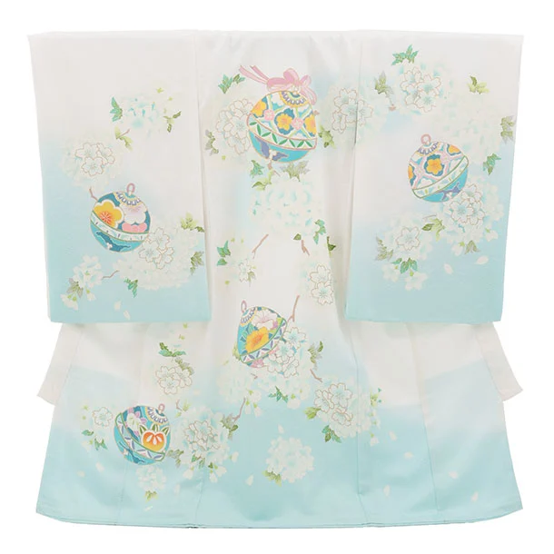 女児産着 お宮参りレンタル2981【正絹】 白地裾水色 鈴に桜薬玉