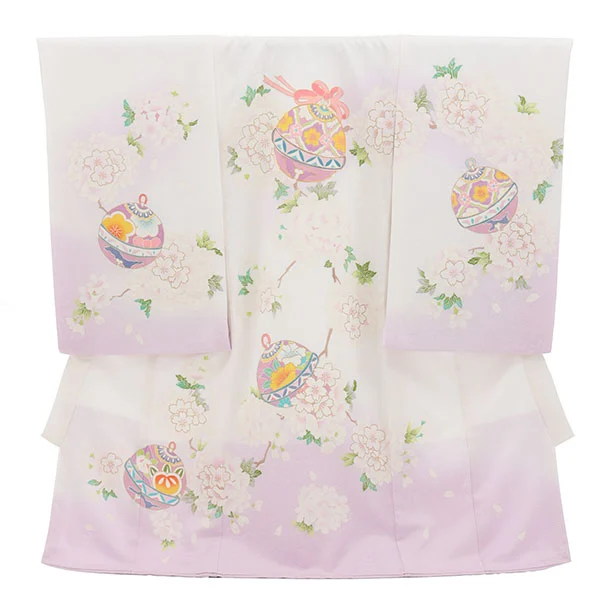 女児産着 お宮参りレンタル2982【正絹】 白地裾紫 鈴に桜薬玉