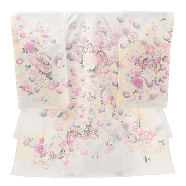 夏用 女児産着 お宮参りレンタルR004 単衣 白地 花車に桜