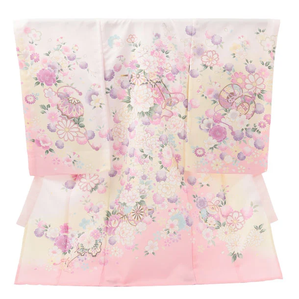 夏用 女児産着 お宮参りレンタルR005 単衣 薄ピンク 花車に桜