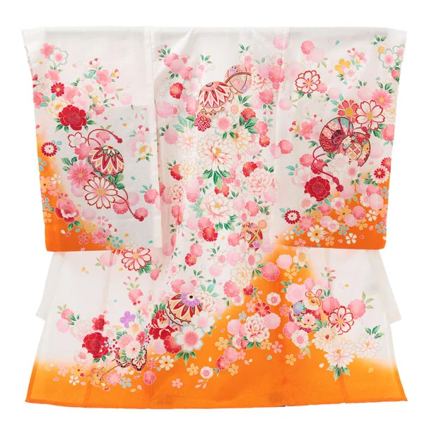 夏用 女児産着 お宮参りR010【正絹単衣】 白地裾オレンジ 鞠に花づくし