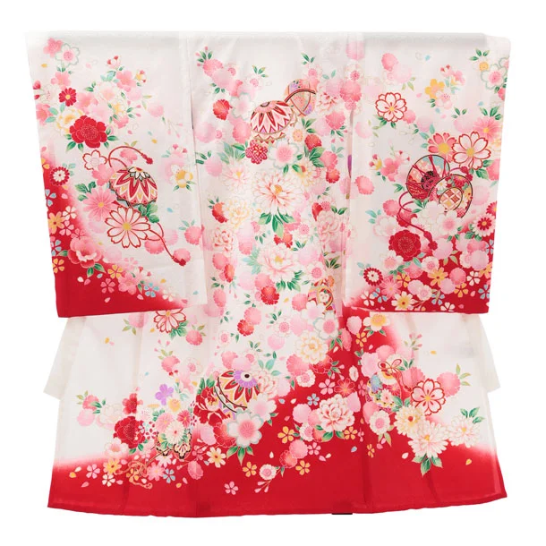 夏用 女児産着 お宮参りレンタルR012【正絹単衣】 白地裾赤 鞠に花づくし