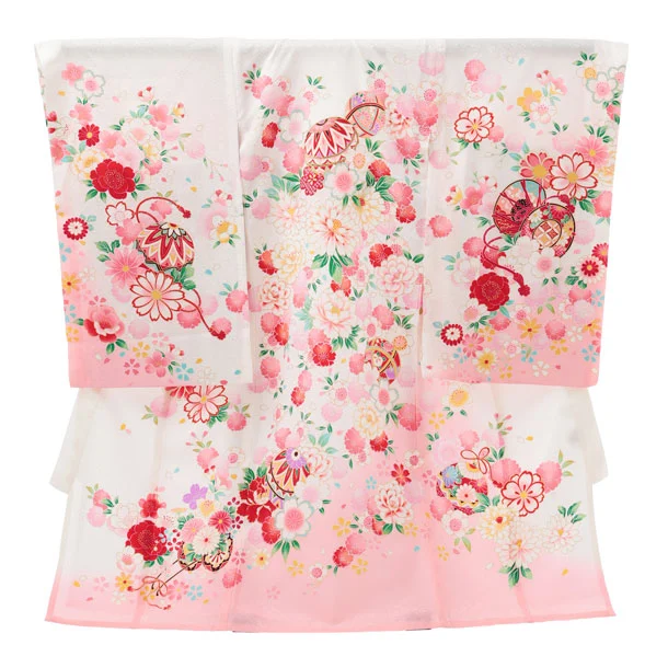 夏用 女児産着 お宮参りレンタルR013【正絹単衣】 白地裾ピンク 鞠に花づくし
