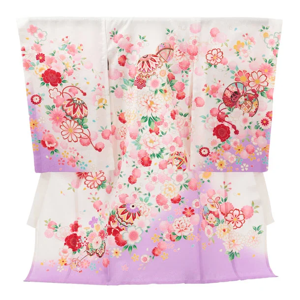 夏用 女児産着 お宮参りレンタルR014【正絹単衣】 白地裾紫 鞠に花づくし