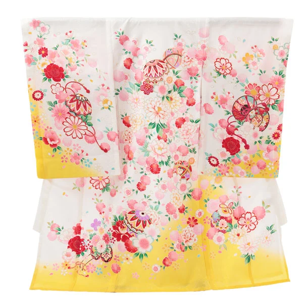 夏用 女児産着 お宮参りレンタルR015【正絹単衣】 白地裾黄色 鞠に花づくし