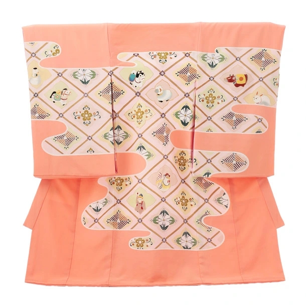 女児産着(お宮参り) R279 【正絹】伝産京友禅 サーモンピンク 十二支
