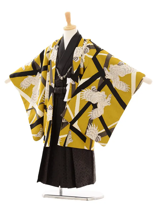 七五三　袴　着物 男児袴：BY152 【五歳】黒鳳凰×黒縞 七五三男児袴レンタルセット