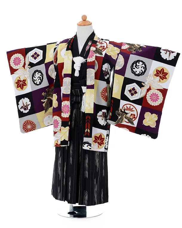 男児袴 かんたん753レンタル(5歳男の子袴)0556照英 J.S紅葉×黒地袴