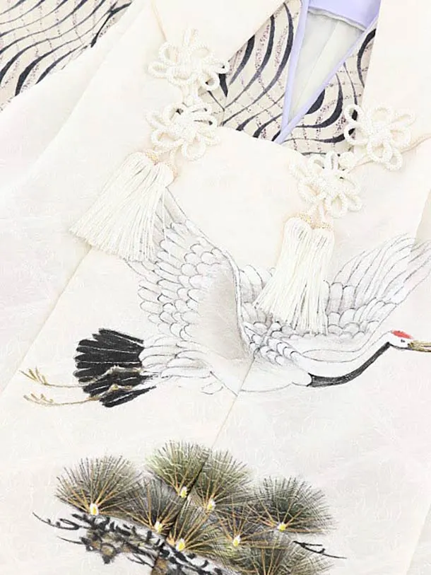 七五三(3歳男児被布)正絹2579オフホワイト松鶴xアイボリー変わり