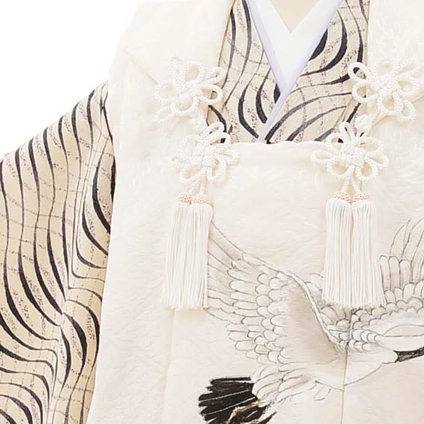 七五三(3歳男児被布)正絹2579オフホワイト松鶴xアイボリー変わり