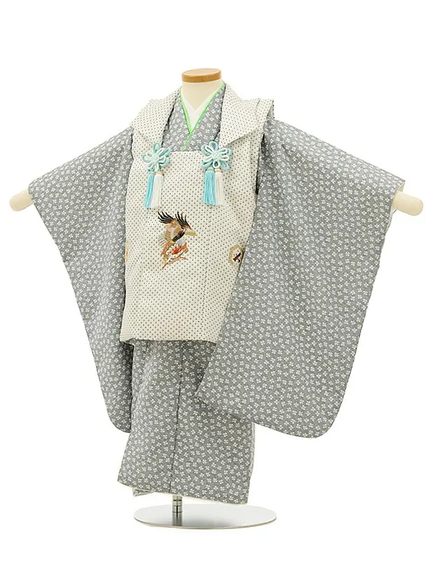 半額　1点のみ　七五三 着物 3歳 男の子 被布セット 白　グレー　刺繍柄 半額 1点のみ 七五三 着物 3歳 男の子 被布セット 白 グレー