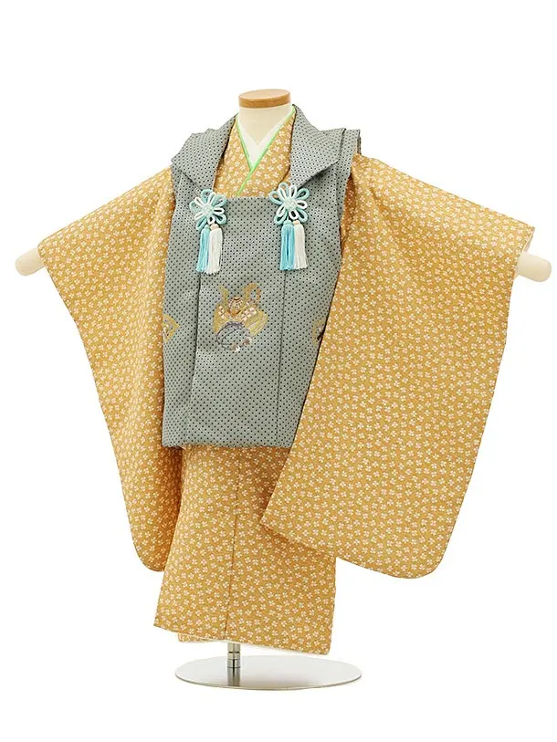 七五三レンタル(3歳男児被布)2796グレー地刺繍かぶとxからし色