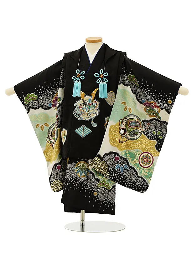 七五三　3歳　男の子　被布コーデ　アンティークお着物　　総絞り　ブラック 七五三(3歳男児被布)高級正絹2618黒 兜刺繍x紺赤絞り | 着物