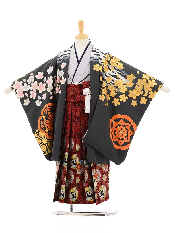 かんたん七五三(5歳男袴)X863 黒地松に鷹×黒縞 | 着物レンタルの