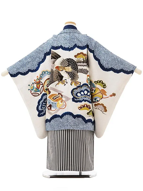 七五三 5才男児 紺地に鷹　縦縞袴  一式 七五三(五歳男の子)着物レンタル｜鷹柄紺羽織 紺着物×黒縞袴