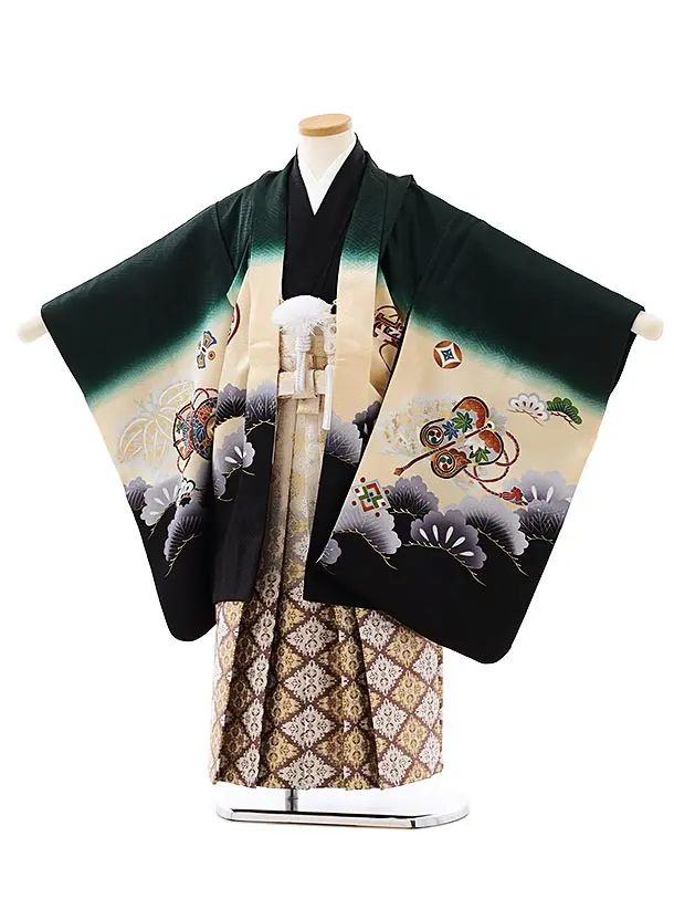 七五三レンタル(5歳男袴)5886【正絹】深緑裾黒丸紋に鷹x白赤茶