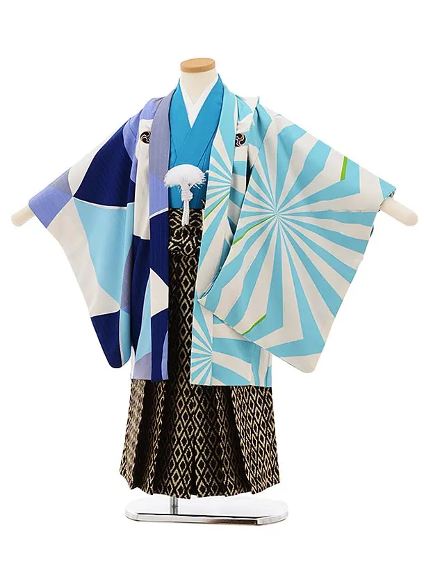 かんたん七五三レンタル(5歳男袴)X288黒地吉祥文様鷹x紺 | 着物