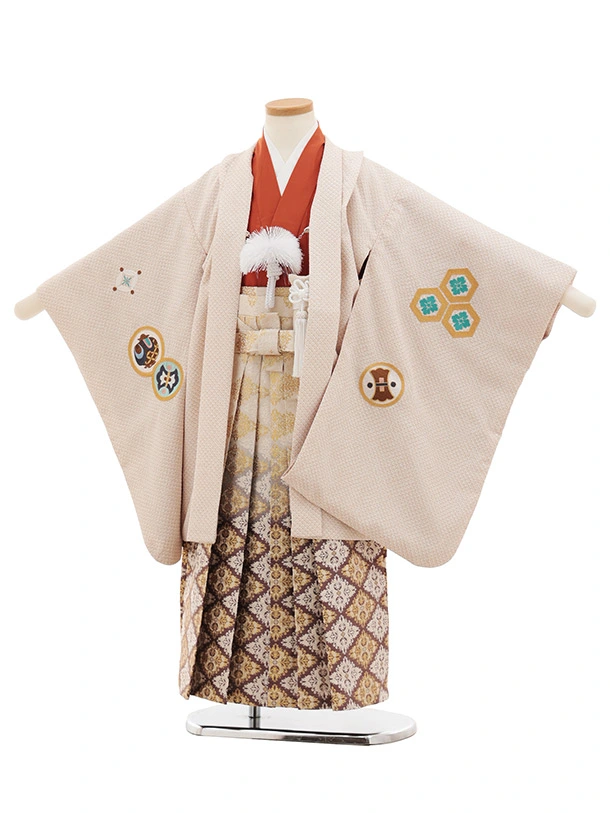 かんたん(5歳男袴)N073 ベージュ 疋田柄 刺繍鷹 兜×ベージュ茶ぼかし