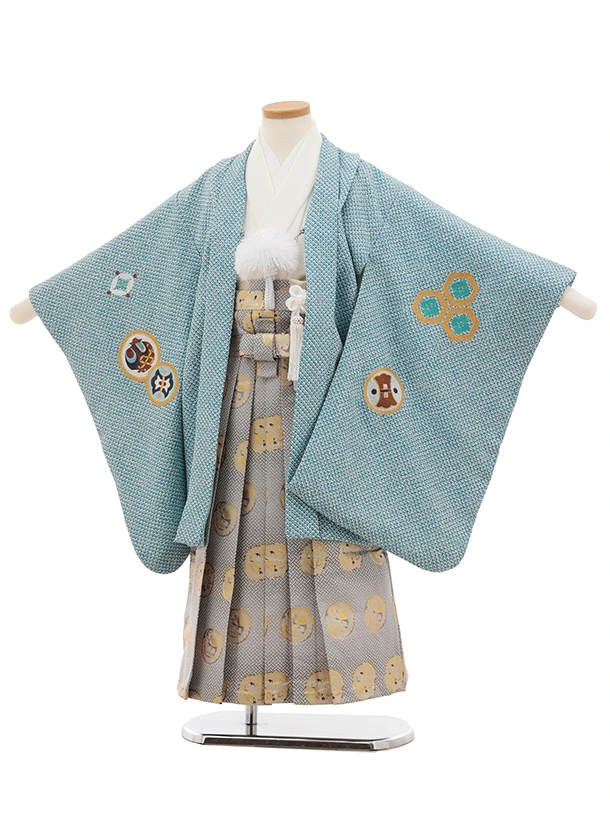 かんたん七五三(5歳男袴)N075 ブルーグリーン 疋田柄 刺繍鷹 兜×グレー金