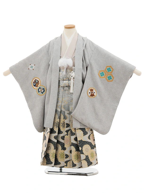 かんたん七五三(5歳男袴)N076 グレージュ 疋田柄 刺繍鷹 兜×白黒ぼかし