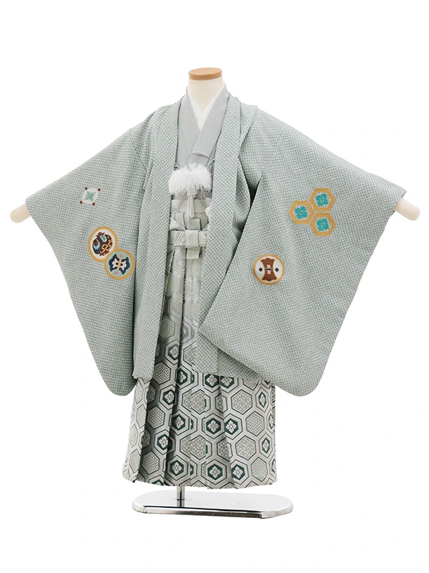 かんたん(5歳袴)N077 ペールグリーン疋田柄刺繍鷹兜×シルバーグリーンぼかし