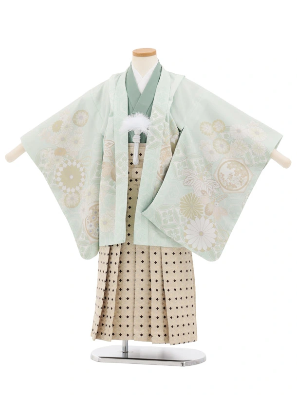 かんたん七五三(5歳男袴)N084 うすミント 七宝に桐菊×クリームベージュ