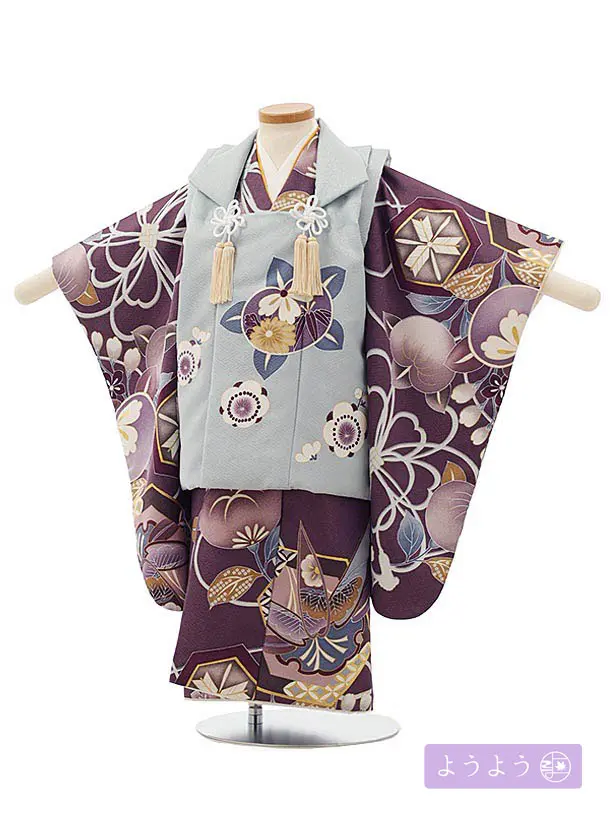 七五三　男の子　被布 七五三レンタル(3歳男児被布)2609こげ茶色兜雌雄xベージュ変わり