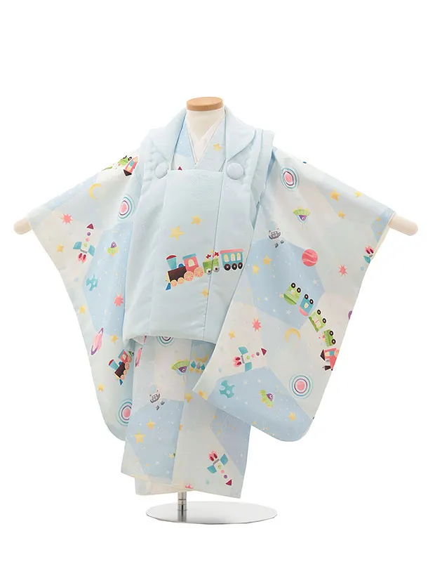 七五三(2歳男児被布)O180【pitapita】宇宙 水色 汽車ポッポ