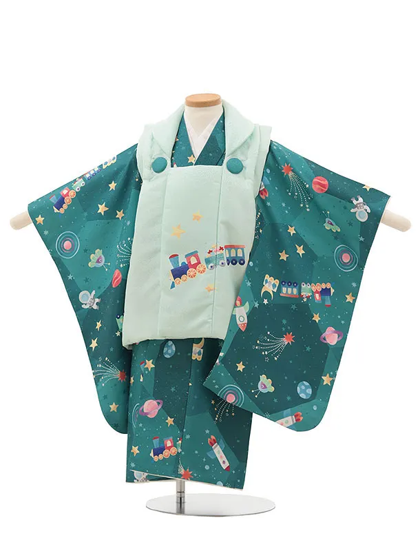 七五三(2歳男児被布)O181【pitapita】宇宙 グリーン 汽車ポッポ