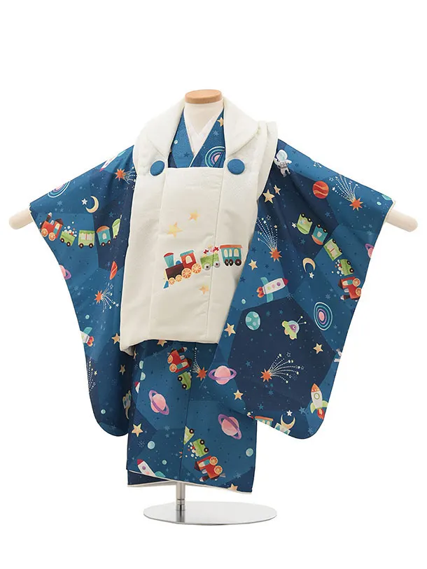 七五三(2歳男児被布)O182【pitapita】宇宙 青 汽車ポッポ