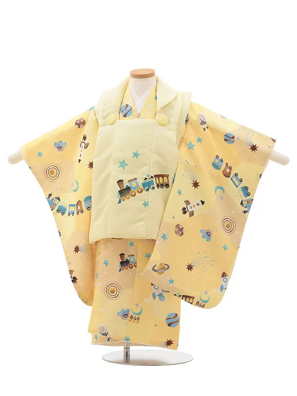七五三(2歳男児被布)O183【pitapita】宇宙 黄色 汽車ポッポ