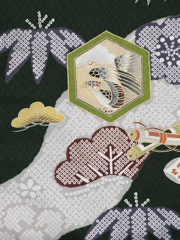 七五三(3歳)O219【正絹】【ようよう】ひわ疋田柄 刺繍鷹