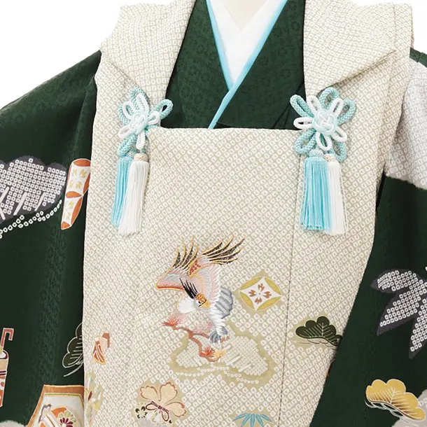 七五三(3歳)O219【正絹】【ようよう】ひわ疋田柄 刺繍鷹