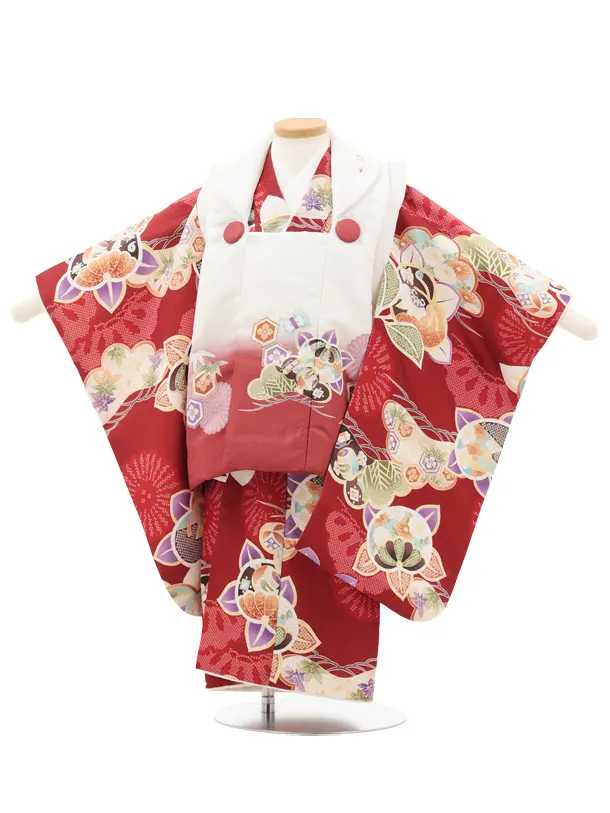 七五三レンタル(3歳男児被布)O227 オフ白赤ぼかし×赤 松橘
