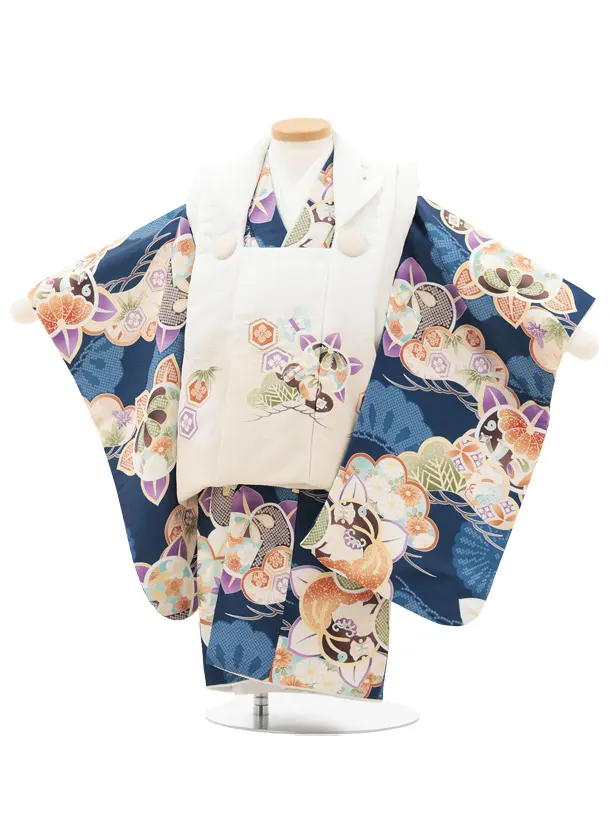 【中古】七五三　被布　男の子　D-1147 七五三レンタル(2歳男児被布)2610紺地かぶと x 白地吉祥文様