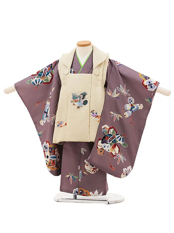 七五三レンタル(3歳男児被布)W078うすベージュ刺繍鷹xペール