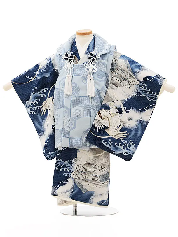 七五三レンタル(3歳男児被布)W254 水色鷹×ブルー波に吉祥文様