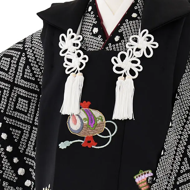 七五三(3歳男児被布)W404【正絹】黒刺繍宝尽くし×黒絞り柄