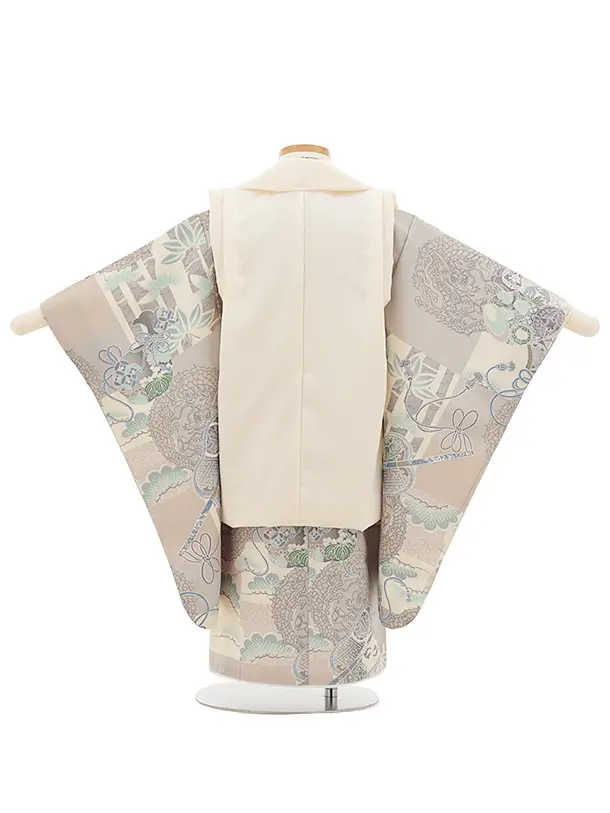 七五三レンタル(3歳男児被布)W407クリーム刺繍兜×ベージュ宝尽し