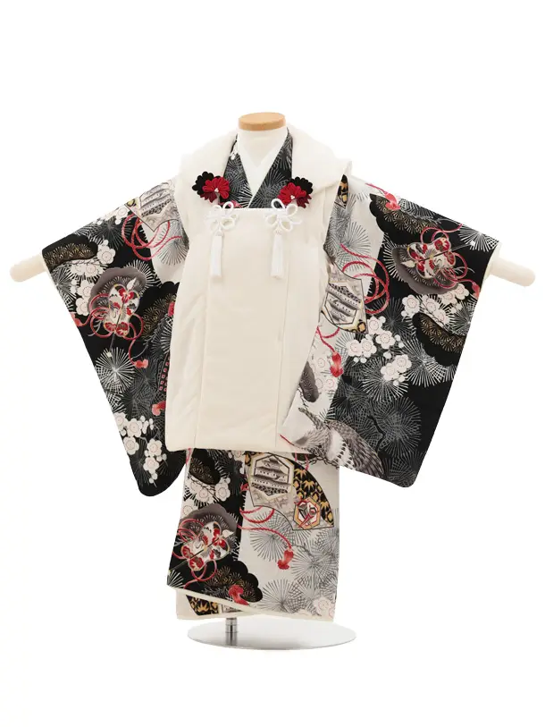 七五三レンタル(3歳男児被布)W412 華徒然 オフ白ベルベット×黒古典