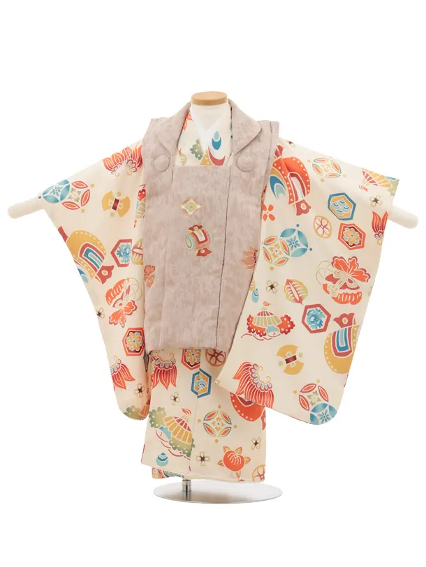 七五三レンタル(3歳男児被布)W414 花わらべ ベージュ×クリーム宝尽し