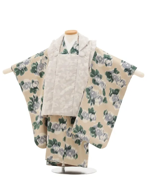 七五三レンタル(3歳男児被布)W417 花わらべ グレーまだら模様×ベージュ花