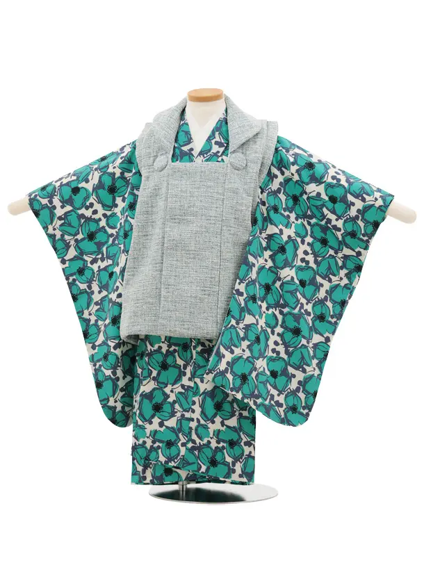 七五三(3歳男児被布)W420 花わらべ ブルーポリツィード×オフ白グリーン花