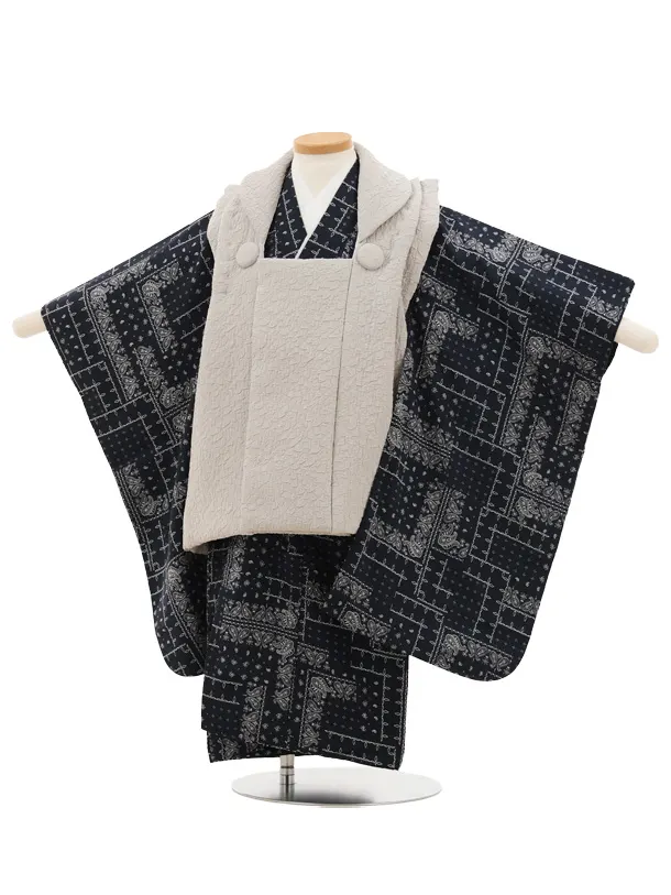 七五三(3歳男児被布)W421 花わらべ グレー×ネイビーペイズリー