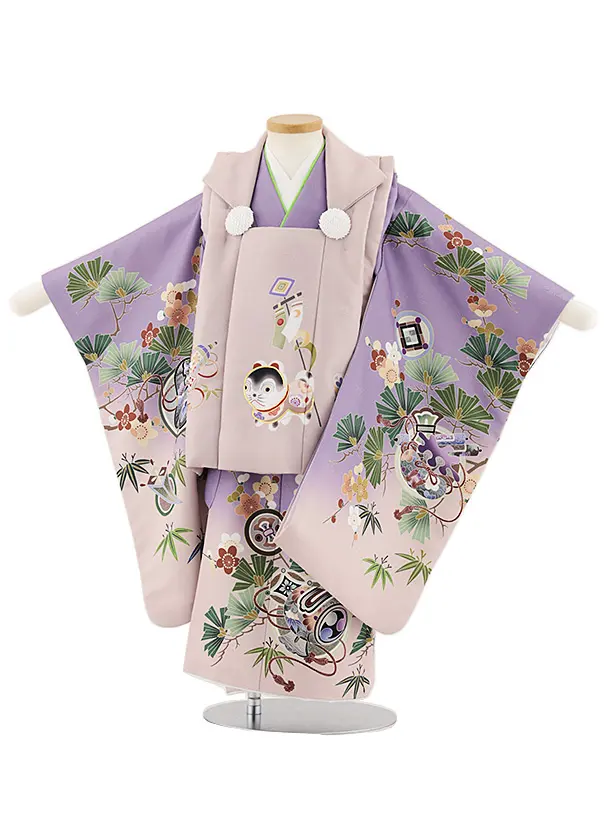 七五三(3歳男児被布)W426 ピンクベージュ 犬張り子×パープルぼかし松竹梅